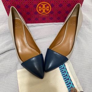 Tory Burch Navy and  Grey leather wedge